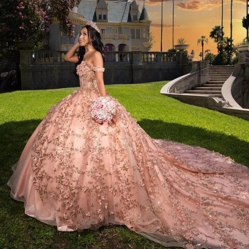 Customized Sparkly Rose Gold Ball Gown Quinceanera Dress With Bow |  tasweeq.om Fashion Store