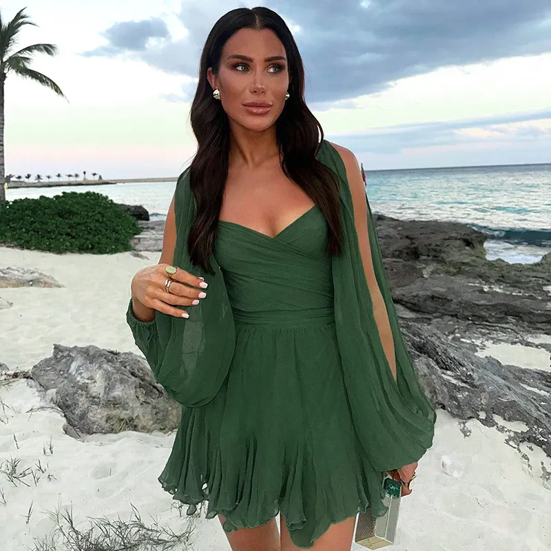Green Hollow Out Lantern Sleeve Mini Dress for Women - Sexy Solid V-Neck Mini vestidos elegantes for Spring and Summer Holidays Green Hollow Out Lantern Sleeve Mini Dress for Women - Sexy Solid V-Neck Mini vestidos elegantes for Spring and Summer Holidays