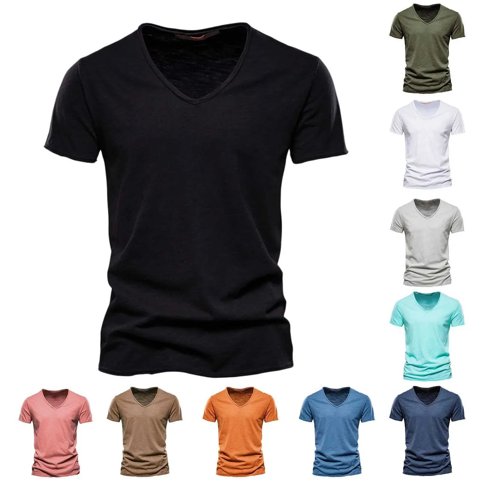 Mens T-Shirts V Neck Slim Fit Short Sleeve Solid Color Casual Man Undershirts Tshirts Outwear