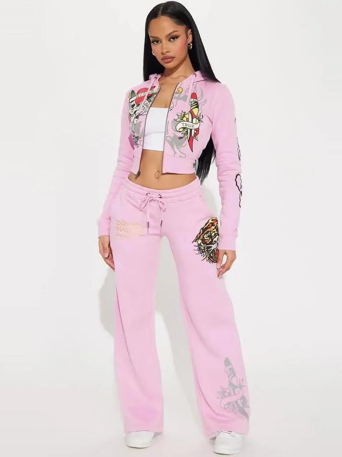 Ed Hardy Y2k Tracksuit Set Croped Zip Up Hoodie And