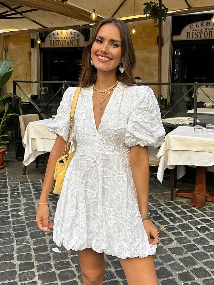 Empire Waist White Frill Summer Dress Womens Sexy V Neck Ruffle