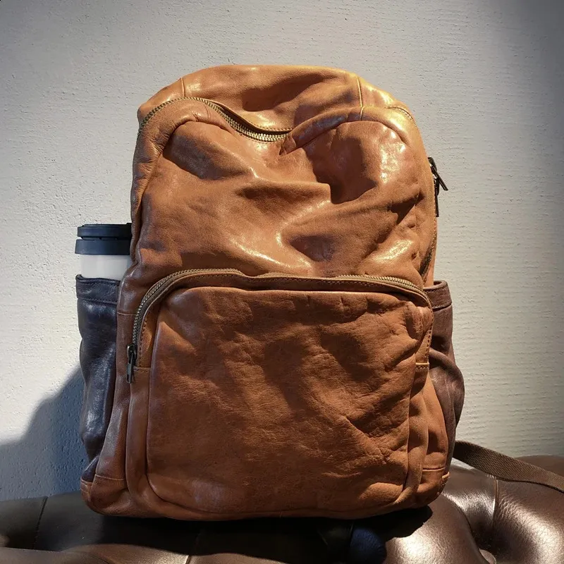 Vintage Leather Trekking Backpack Large Capacity Brown Travel Bag_voghion.com