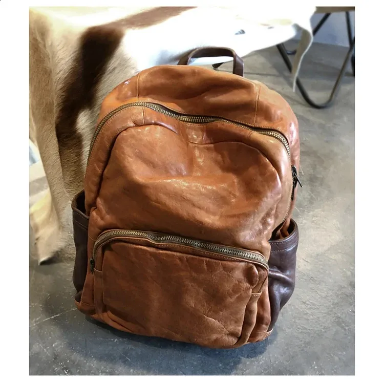 Vintage Leather Trekking Backpack Large Capacity Brown Travel Bag_voghion.com