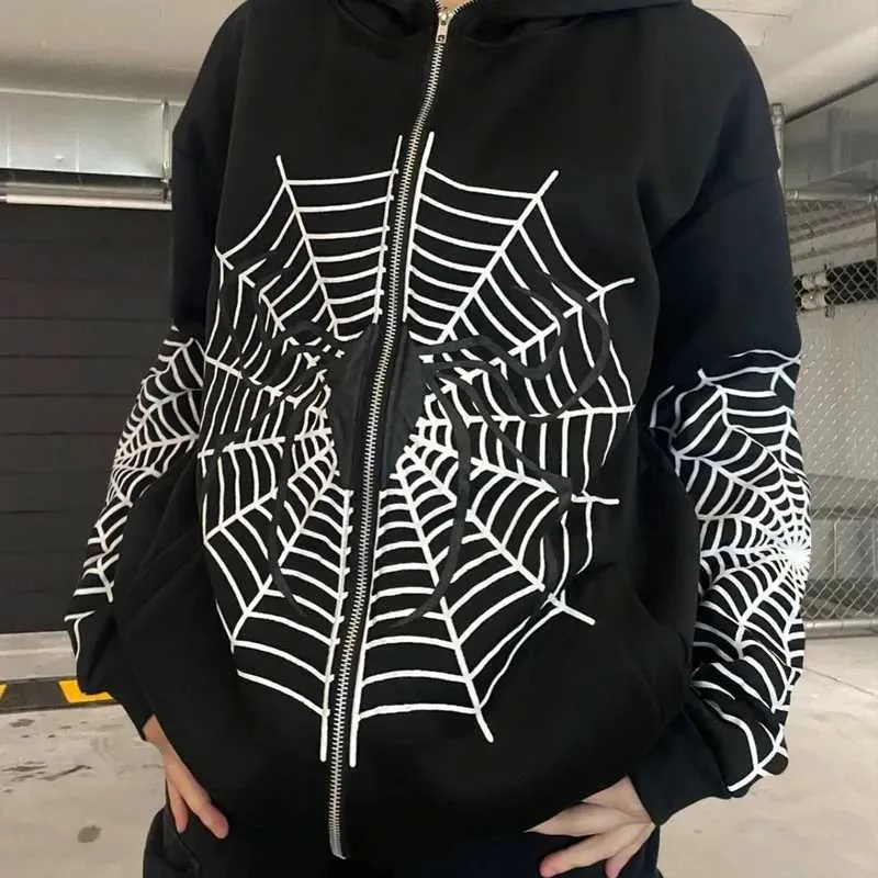 Black Gothic Spider Web Hoodie Oversized Zipper Sweatshirt for Men Women