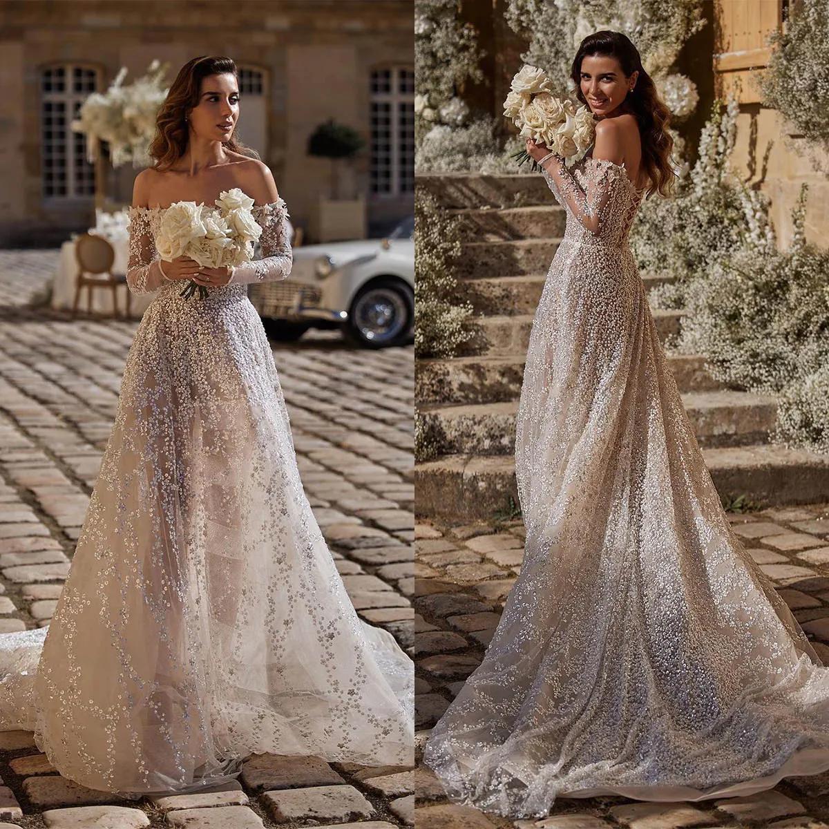 Sequin Bridal Dress With Appliqués: Off Shoulder Wedding Gown With