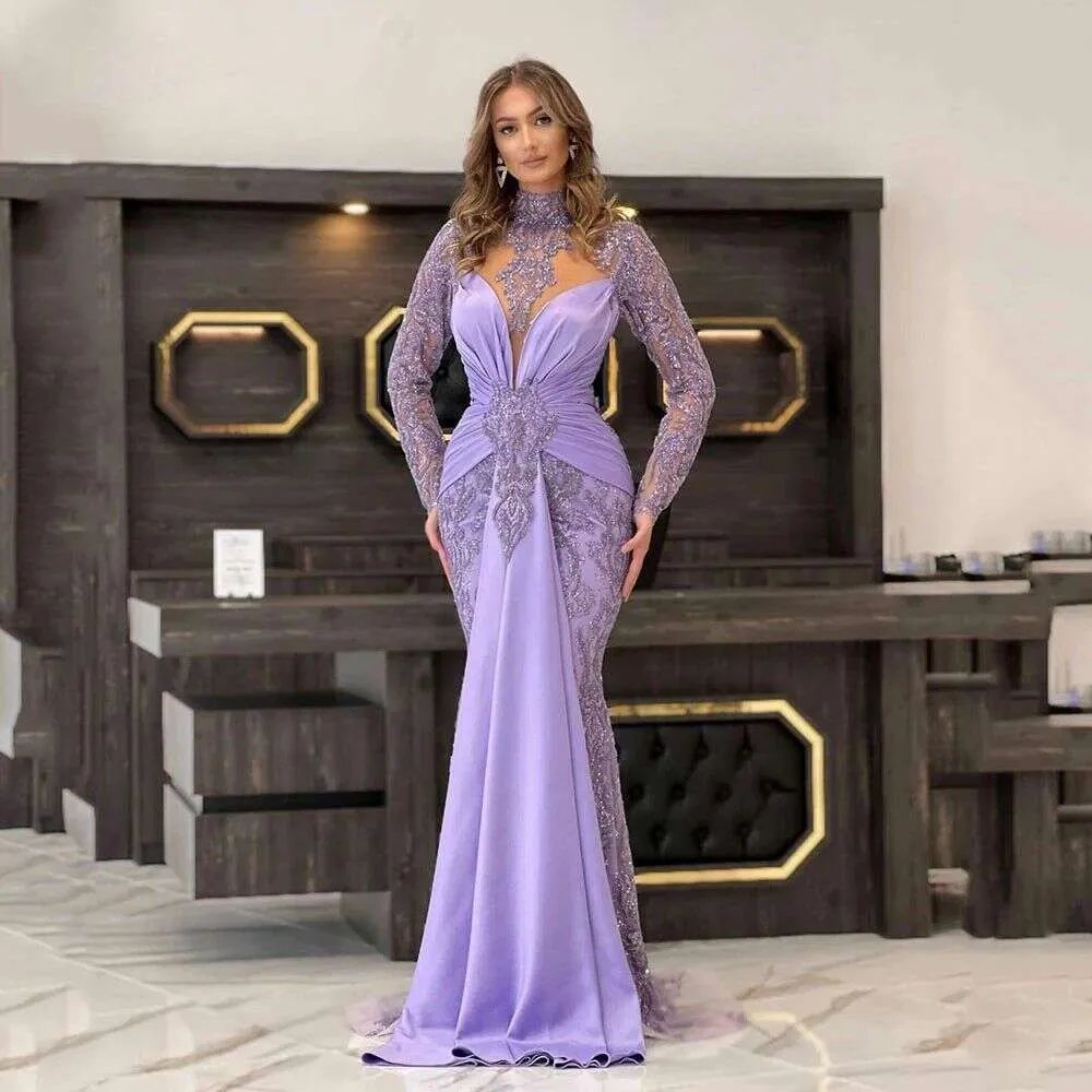 Premium Purple Sequin Evening Gown Long Sleeves, Sheer Shop Now!