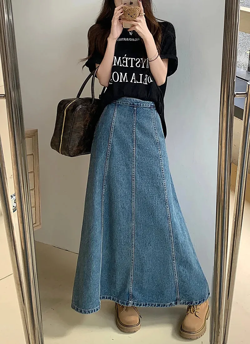 Long Blue Denim Skirt: High Waisted Korean Style Straight