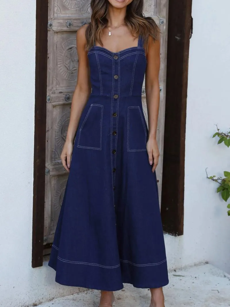 Womens Cotton Denim Strap Dress Sleeveless High Waist A-Line Maxi with  Pockets Ankle-Length Solid Color from Dhgate Basic & Casual Dresses - price  69.9