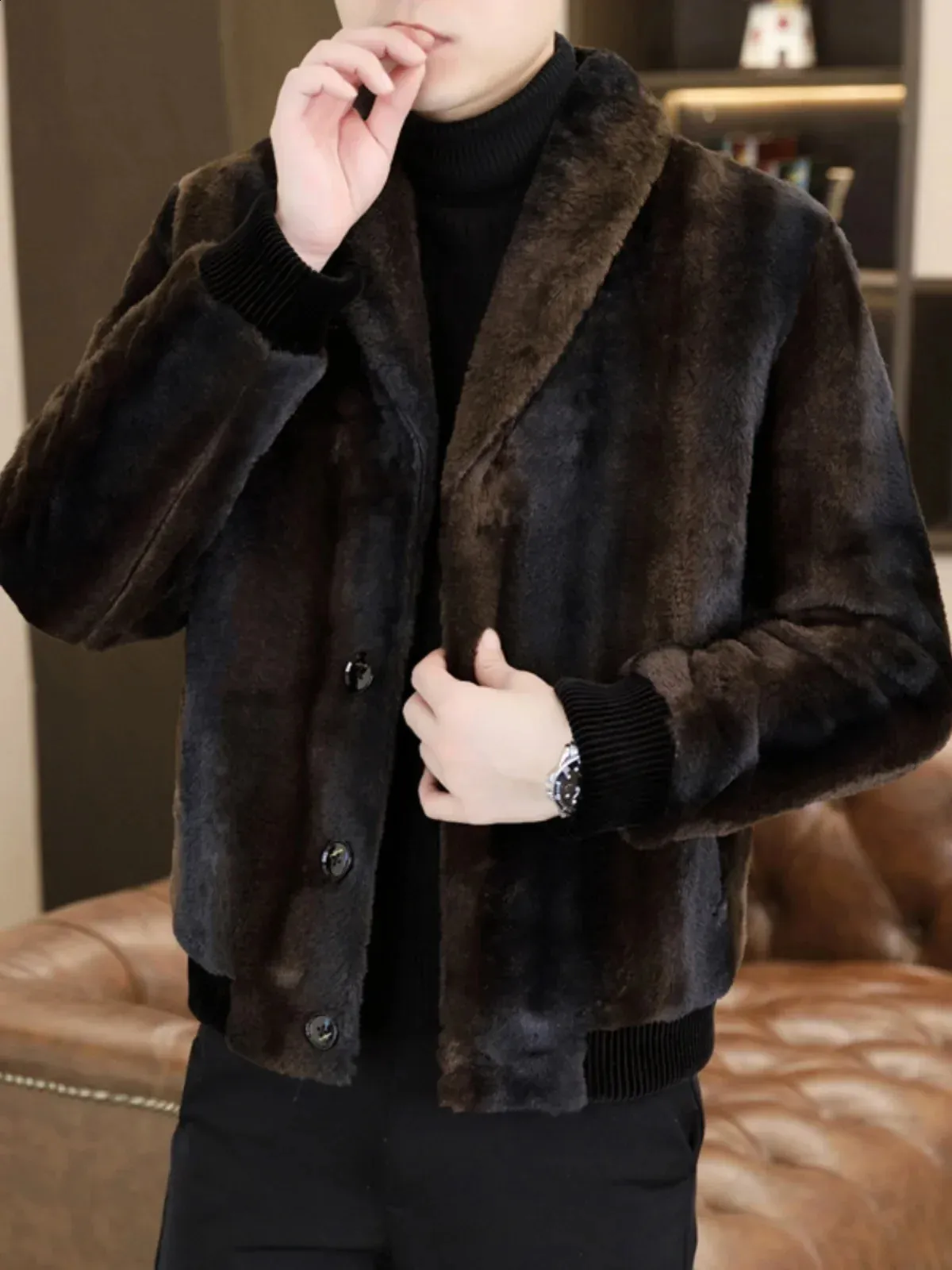 Mens Slim Fit Velvet Faux Fur Winter Coat Korean Style Short