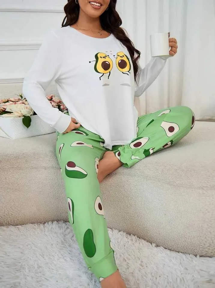 Set De Pijama De Estampado Acogedor De Aguacate Femenino