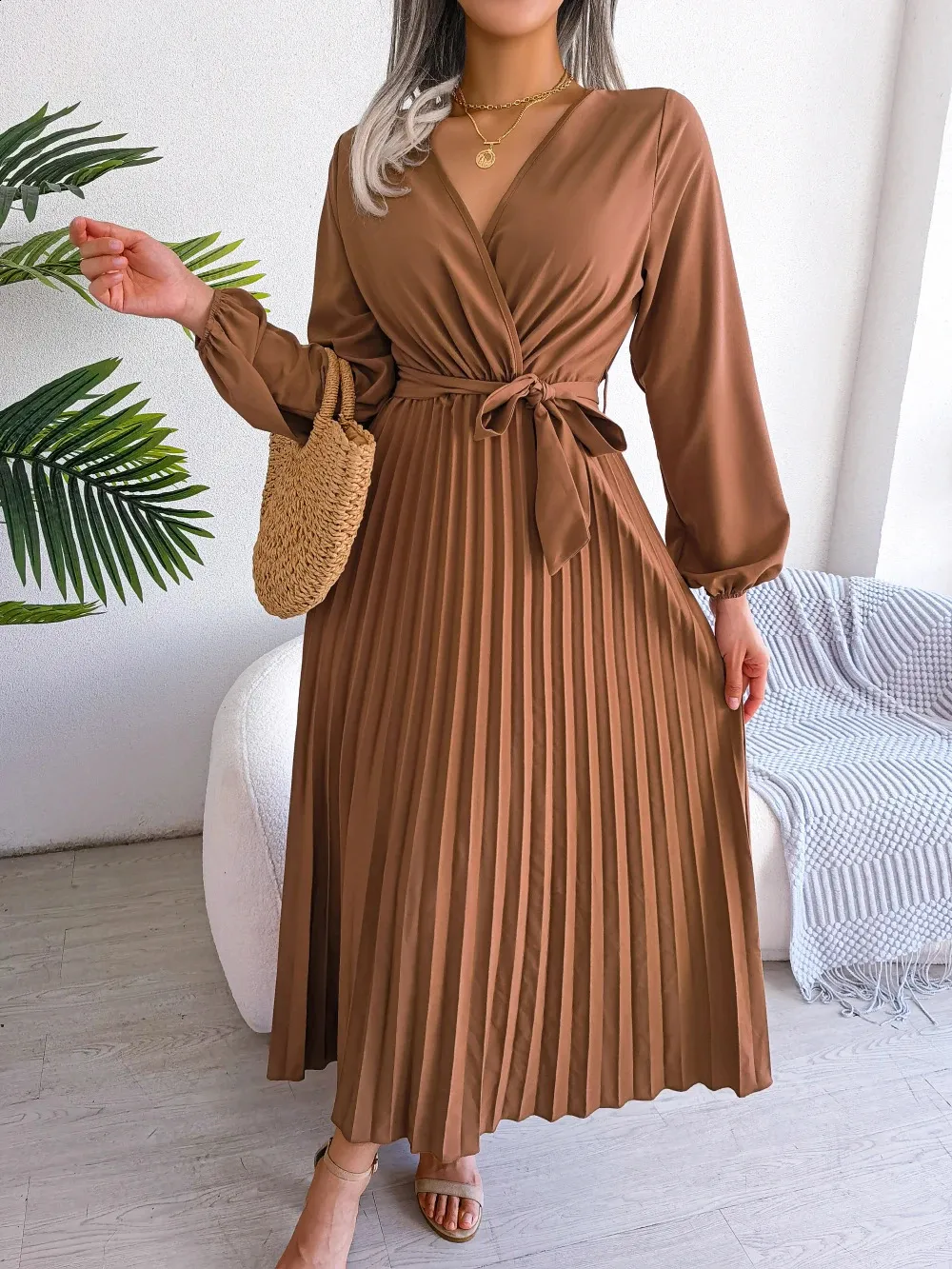 open lace back dress Solid Dresses for Women 2024 Mock Neck Long Sleeve Pleated A Line Dress  Elegant High Waist Maxi Dress with Belt Black at Amazon Women's Clothing  store main image 1