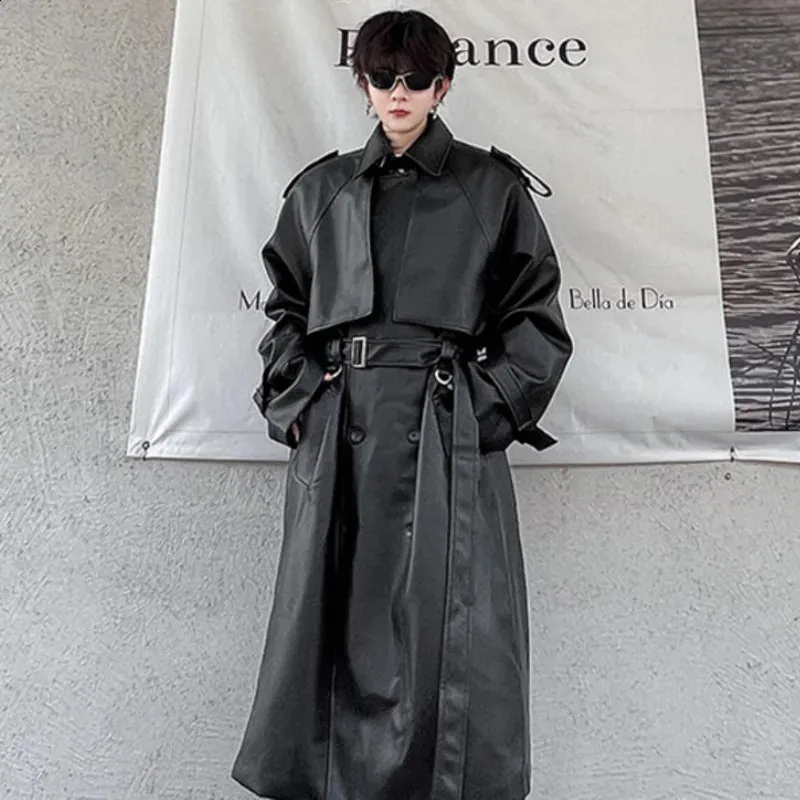 Mens PU Leather Trench Coat - Mid Length Safari Style