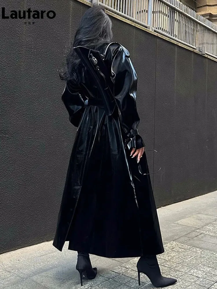 Womens Black Patent Leather Trench Coat - Oversized