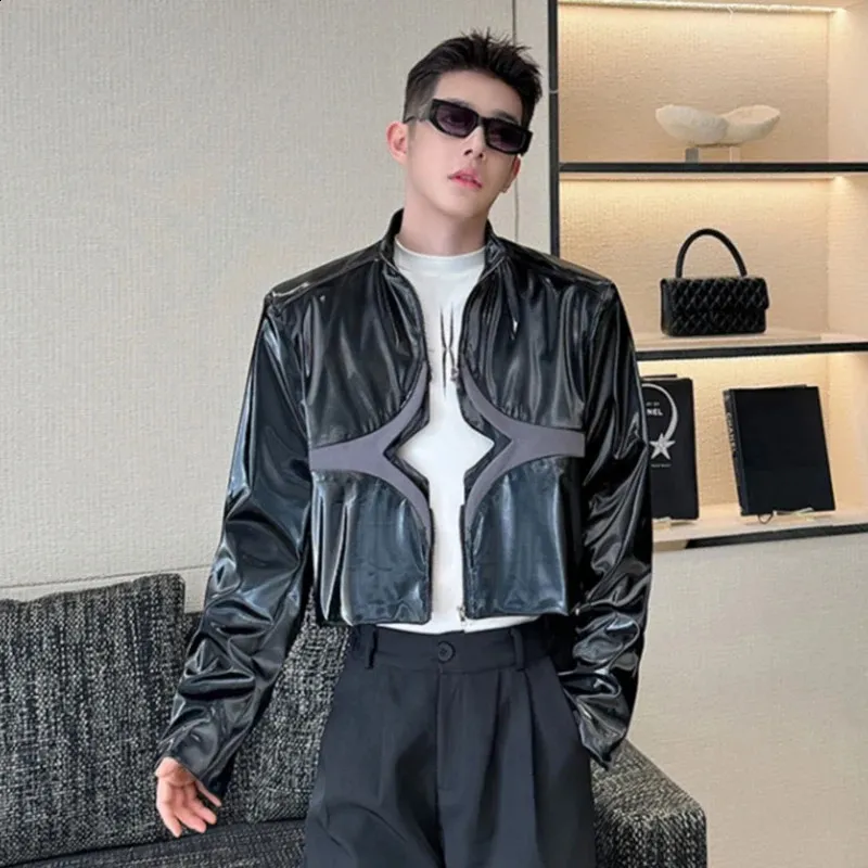 IEFB Korean Style Mens Jackets PU Leather Patchwork Liquid