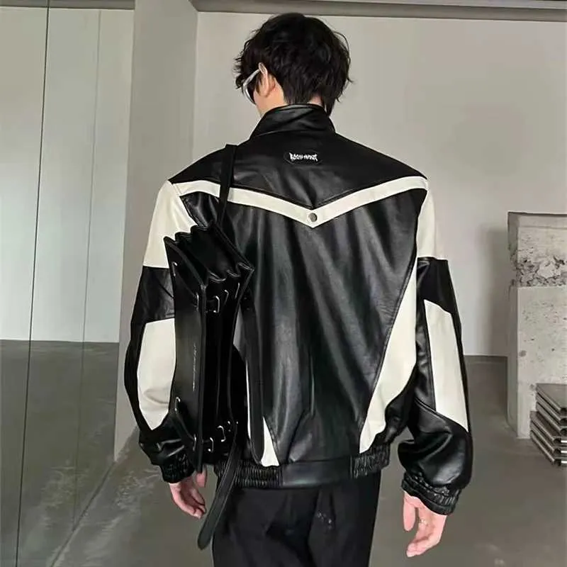 Mens American Retro Leather Faux Jacket With Patchwork