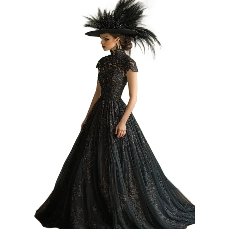 Vintage Black Gothic Wedding Dress High Neck Lace Appliques Short Illusion  Sleeves A-Line Tulle Sweep Train Bridal Gown Custom Made from Dhgate A-Line Wedding  Dresses - price 159.2