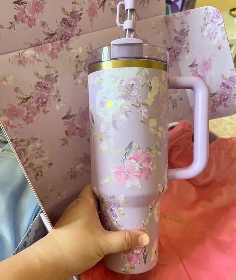 ✓ DHgate 핑크 텀블러 : 꽃 디자인 40 온스 절연 자동차 컵 뜨거운 차가운 음료에 적합하며 매일 사용하기위한 가벼운 | 인기  머그잔