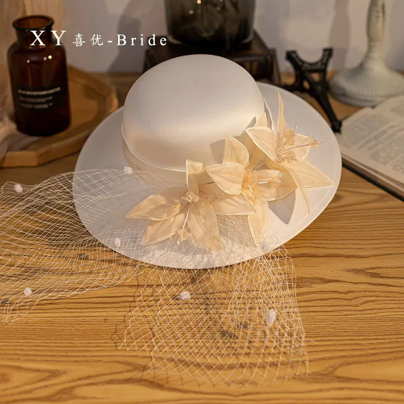 Ladies Wide Brim Hat, White Satin Fedora Hat For Weddings  display picture 1