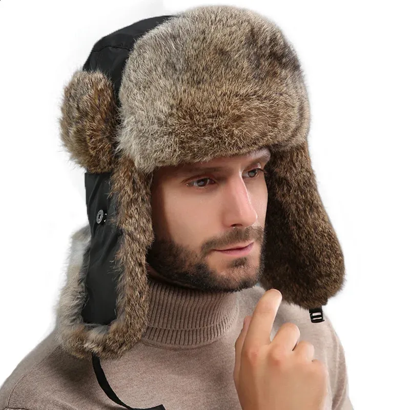 Bomber Hats: Mens Rabbit Fur Winter Hat With Ear Flaps Plush Lined