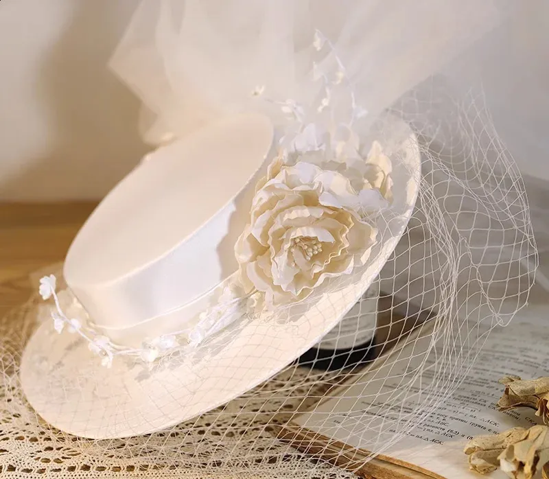 White Satin Wide Brim Fedora Hat with Flower Bow for Wedding  display picture 1