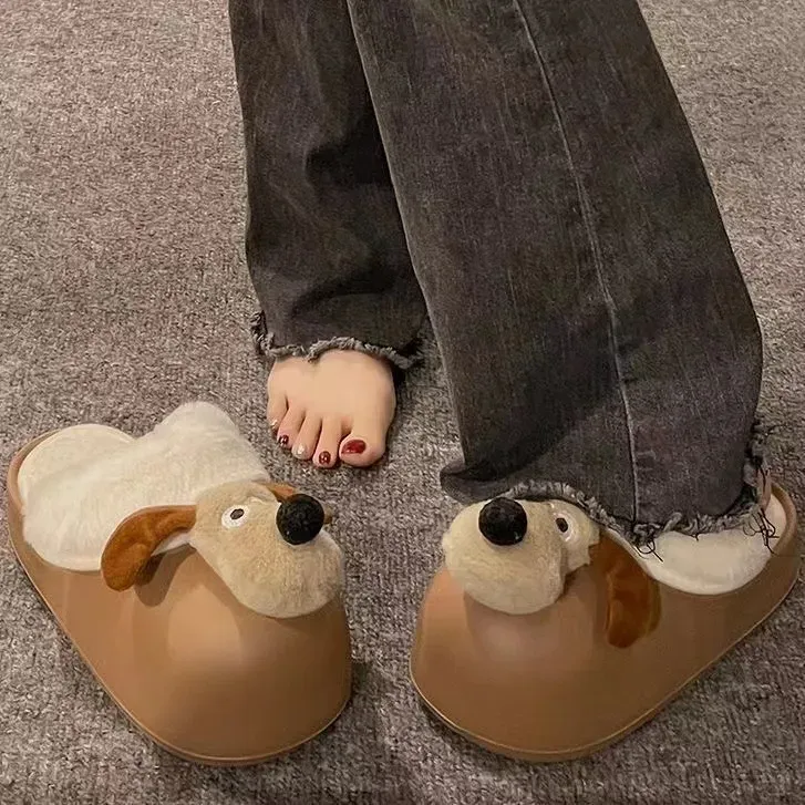 Clogs Cute Cartoon Dog Warm Plush Slippers for Men and Women Thick