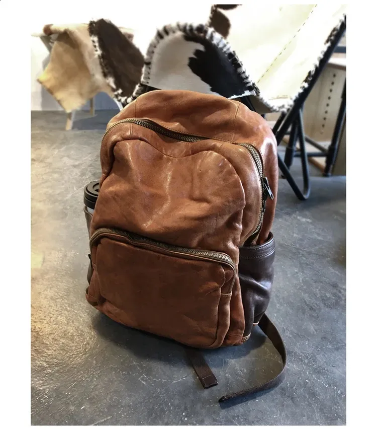 Vintage Leather Trekking Backpack Large Capacity Brown Travel Bag_voghion.com