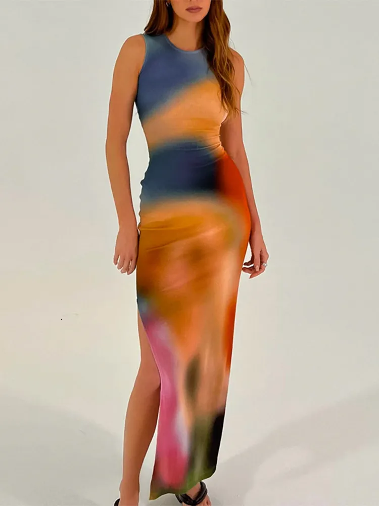 2023 Summer Women's Tie Dye Ribbed Midi Slit Dress for Women with Bodycon Side Slit - Sexy Streetwear Long Slit Dress for Women ByHugcitar