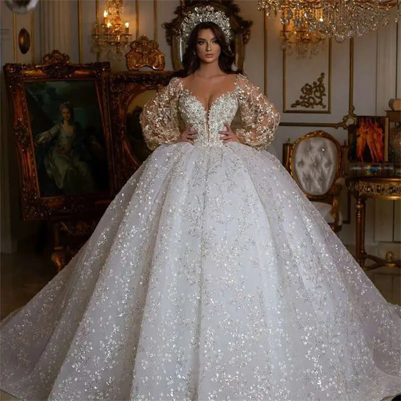 Romantic Glamorous Wedding Gowns Elegant Long Sleeve Lace Wedding Dress:  Crystal Accents, Custom Fit, Shop Now! From Dhgate In Stock Wedding Dresses  Price