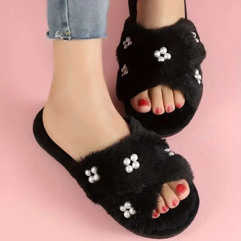 Premium Quality Plush House Slippers with Fur Pearl Detail Korean Style  Comfort Shop Now!