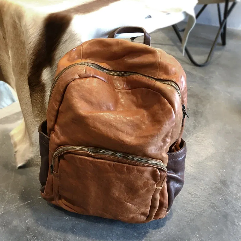 3 Handmade Thick Mens Large Capacity Outdoor Travel Backpack Laptop Retro Brown Coffee Leather Shoulder Bag 240918 4_voghion.com