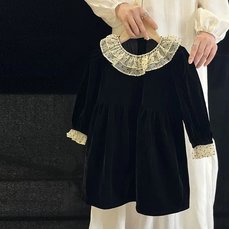 chinese dress ladies 3/4 Sleeve Polka Dots Velvet Retro Cheongsam Chinese Dress with Lace Edge main image 1
