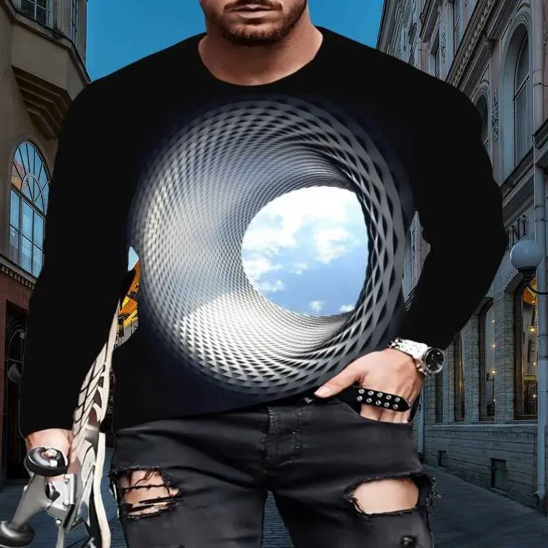 3d Optical Illusion Graphic Printing Mens Long Sleeve T Shirt