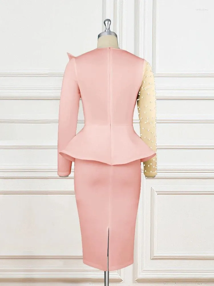 open lace back dress Pink Lace Peplum Midi Dress