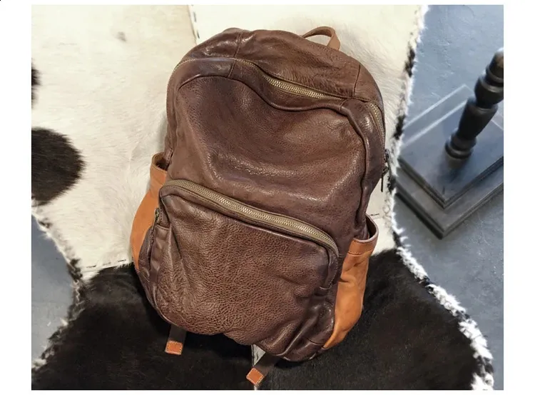 Vintage Leather Trekking Backpack Large Capacity Brown Travel Bag_voghion.com