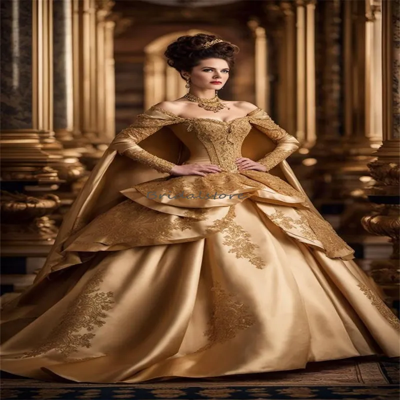 Whimsical Gold Wedding Dresses With Cape Off Shoulders Applique