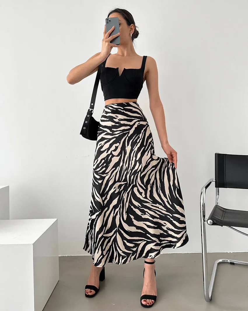 Zebra Print A-Line Maxi Skirt - High Waist Long Skirt
