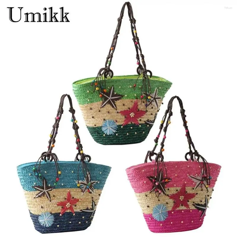 Handcrafted Straw Shoulder Bag: Starfish Beaded Bohemian Chic Tote
