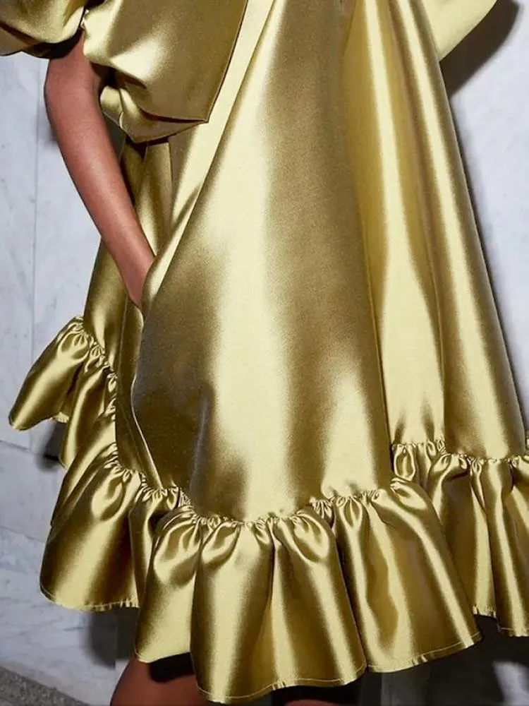Women's Solid Gold Turtleneck Midi Dress with Puff Sleeves and Ruffles for  Parties from Dhgate Urban Sexy Dresses - price 43.49