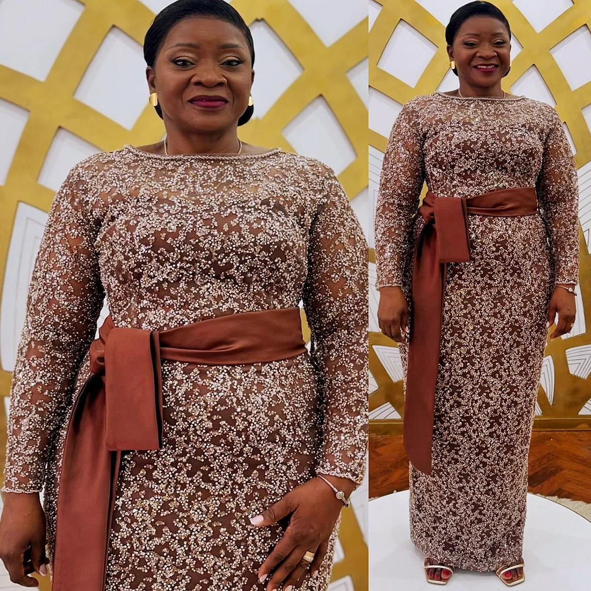 Vintage Brown Sheath mum of bride dresses with Illusion Sequins and Beading for Plus Size Women - Perfect for Evening Parties, Weddings, and Birthdays