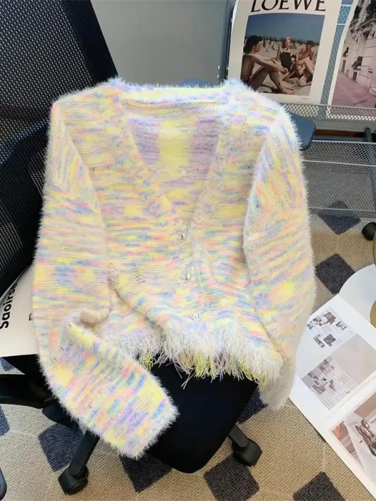 Retro Rainbow Rainbow Fringe Knit Cardigan Magione Corto A V