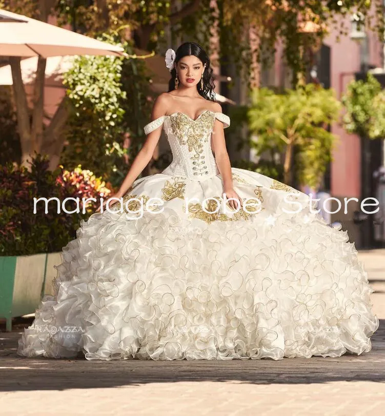White Princess Rose Charro Quinceanera Dress Sweetheart Off the Shoulder Ball Gown with Gold Embroidery and Lace-up Corset from Dhgate Quinceanera Dresses - price 214.83 White Princess Rose Charro Quinceanera Dress Sweetheart Off the Shoulder Ball Gown with Gold Embroidery and Lace-up Corset from Dhgate Quinceanera Dresses - price 214.83