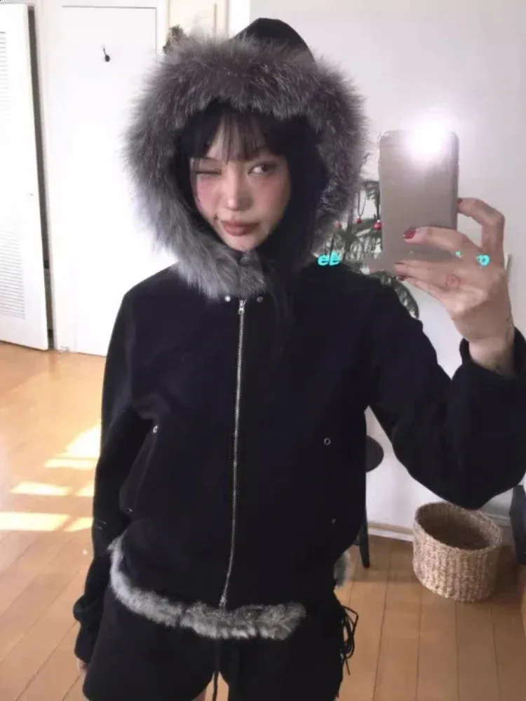 Vintage Slim Fit Loose fur on hood coat for Women - Y2K Vintage Slim Fit Loose fur on hood coat for Women - Y2K