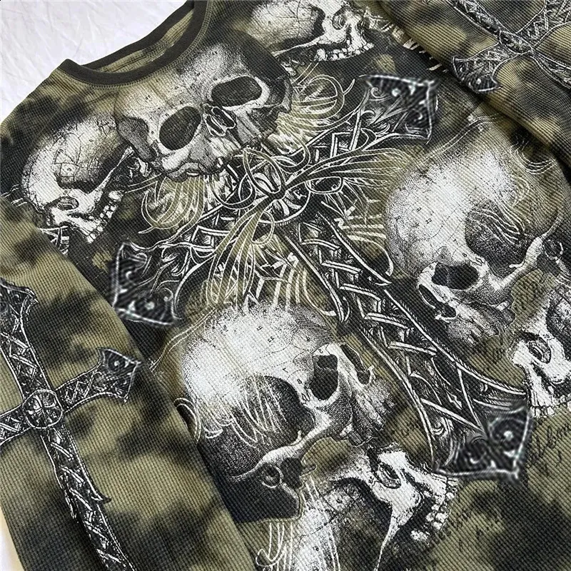 Glenqi Cross Skull Graphic Print Long Sleeve T Shirt Gothic Y2K