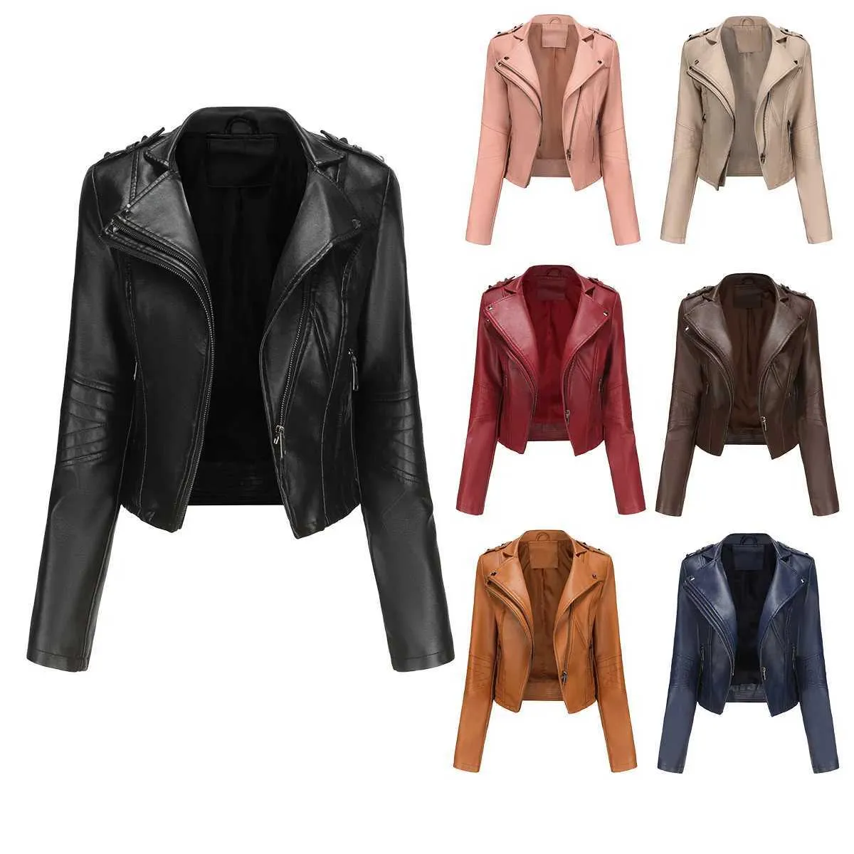YJKDYK Women's Leather leather jacket with Lapel Rivet