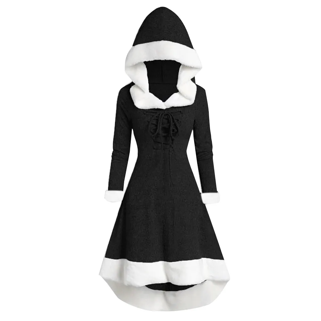 hooded lace up faux fur panel marled asymmetrical dress Hooded Faux Fur Trim Mock Button High Low Midi Dress