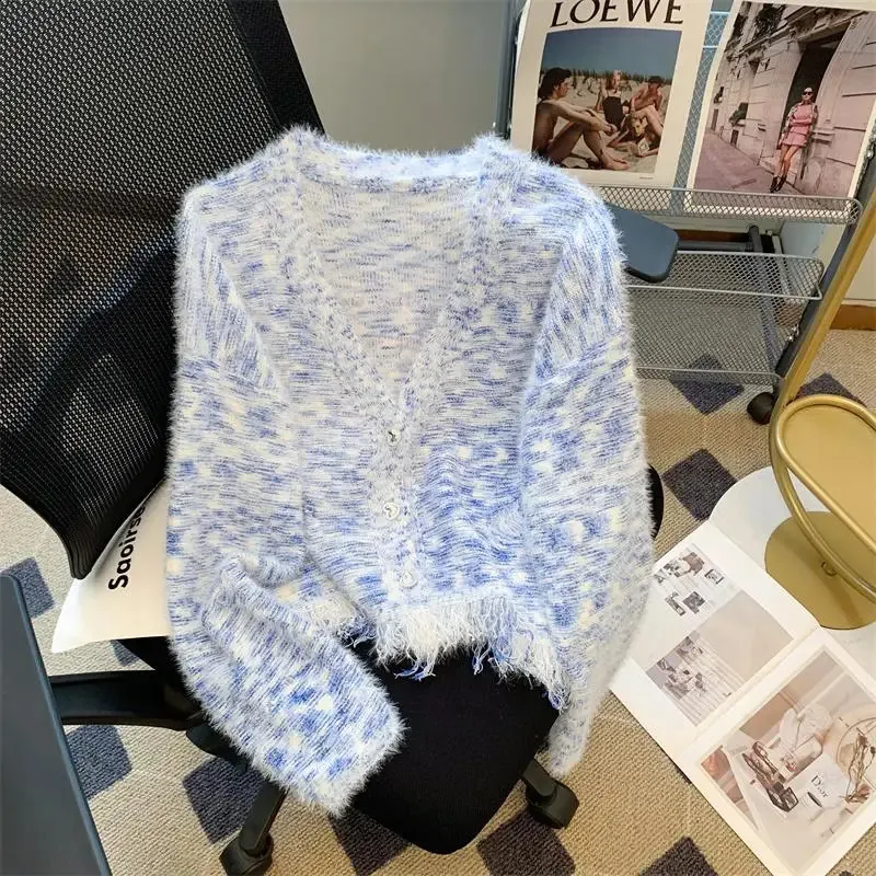 Mohair Cardigan Sweater: Womens Blue V Neck Knit Top With