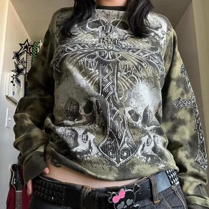 Y2k Clothes Graphic Print Long Sleeve Tee Skull T Shirt