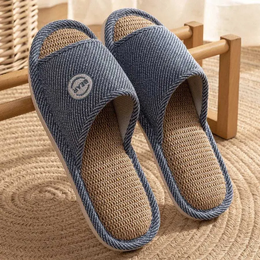 Breathable Linen Home Slippers for Men Silent, Sweat-Absorbent