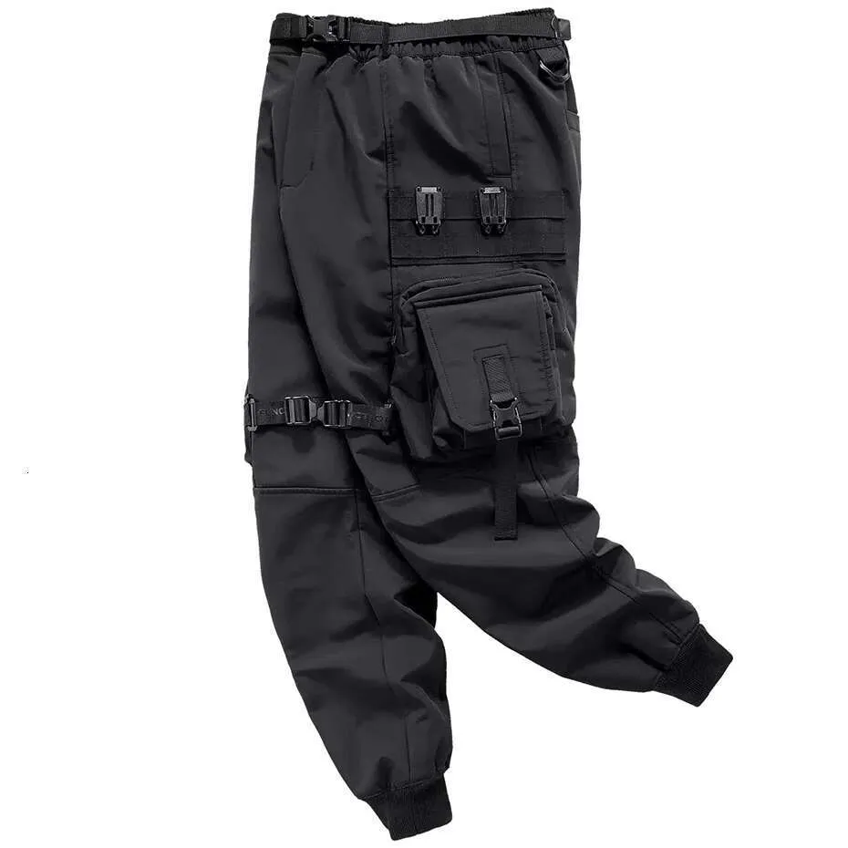 【BAON】Sakiru Banding Cargo Pants Multi Pockets Haruku Ribbon Urban Streetwear Trousers: Black