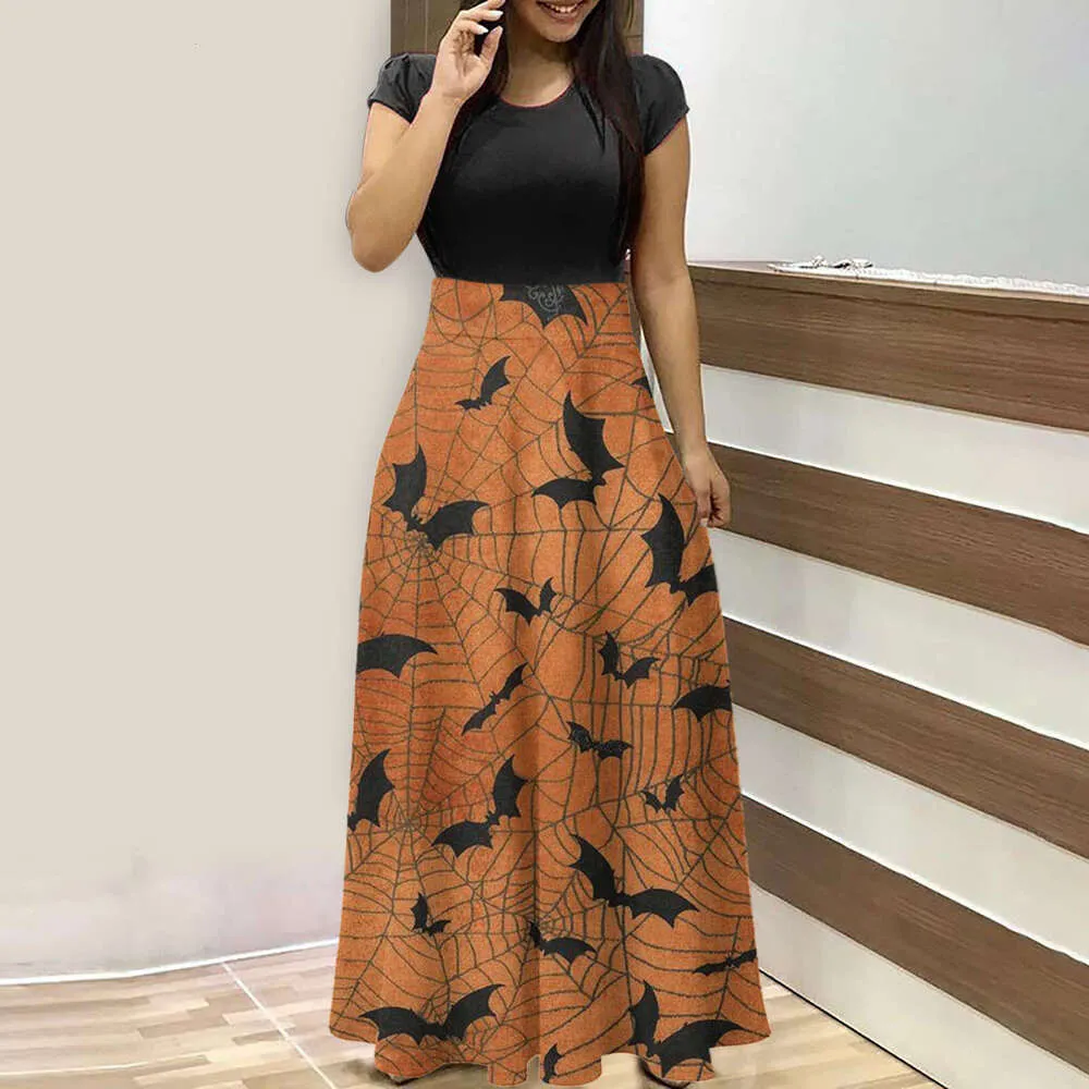 Gothic Halloween short sleeve maxi dress for Women - Printed Color Block Waist Hugging Holiday Gown